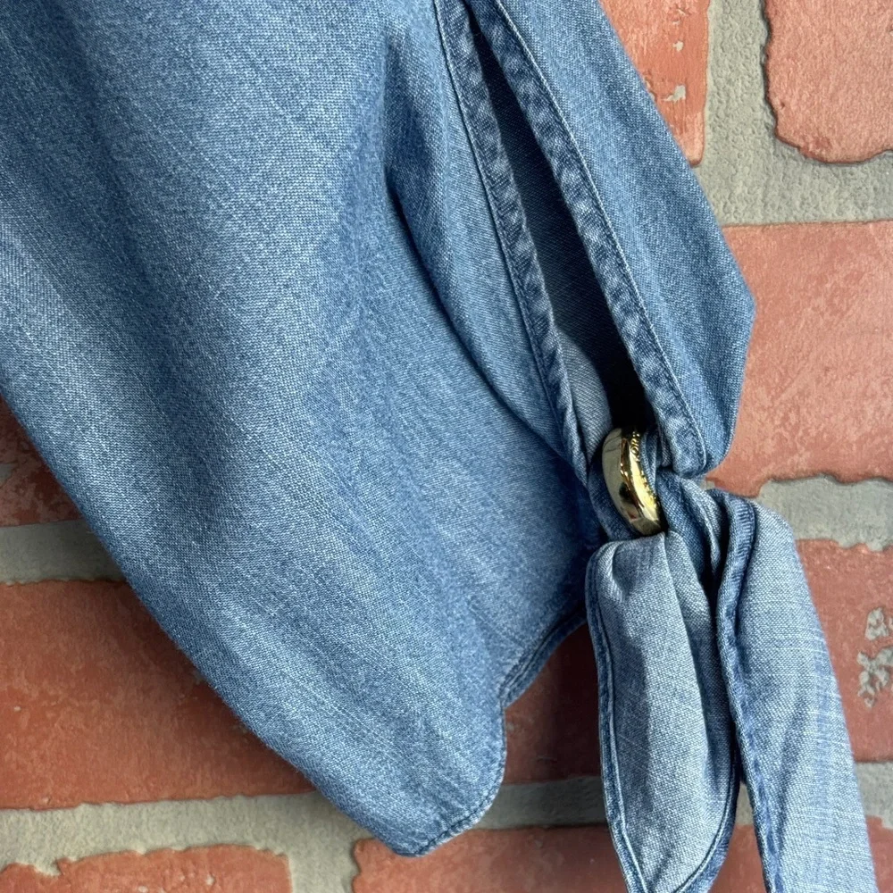 Michael Kors Chambray Boho Blouse 3/4 Tie Sleeve Large Split V-Neck Pull-On Blue